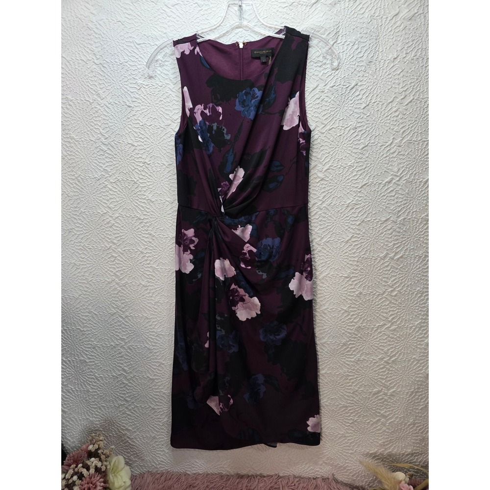 Donna Karan Floral Sheath Dress Women 2 Purple Good Twist Front Sleeveless